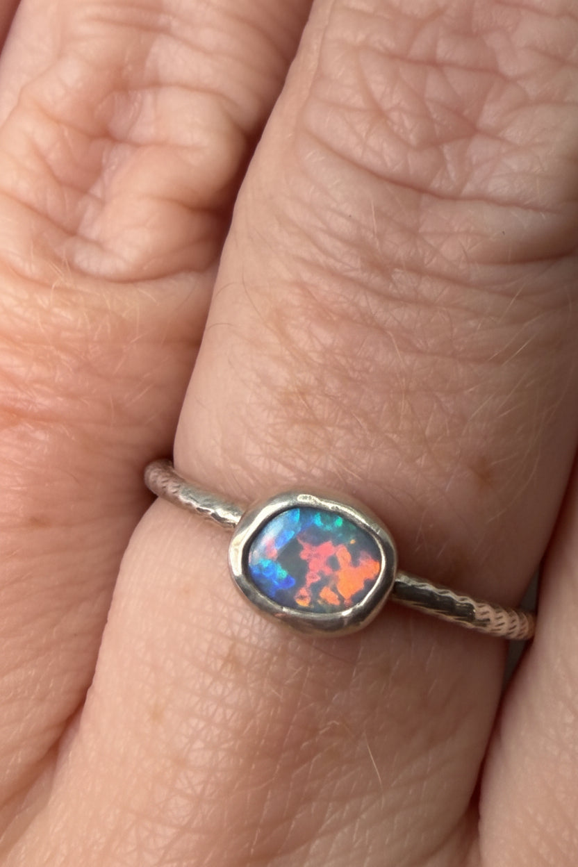 Australian Boulder Opal Ring – Solid Opal Sterling Silver Diamond Cut Band, Size 7 Handmade Opal Stacking Ring