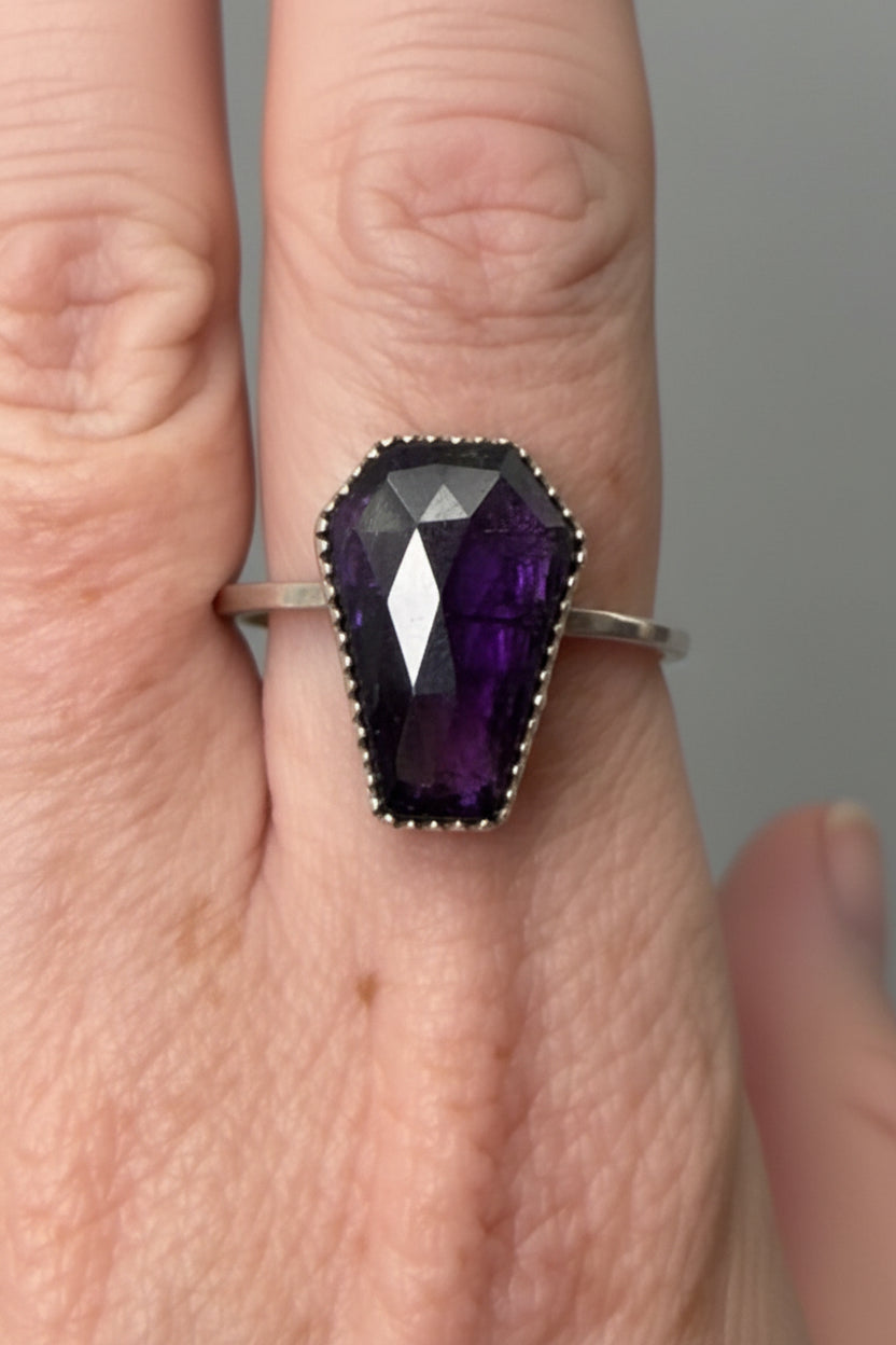 Coffin Cut Purpurite Ring – 18x12mm Rose Cut Gemstone in Handcrafted Sterling Silver, OOAK Statement Ring Size 11.5