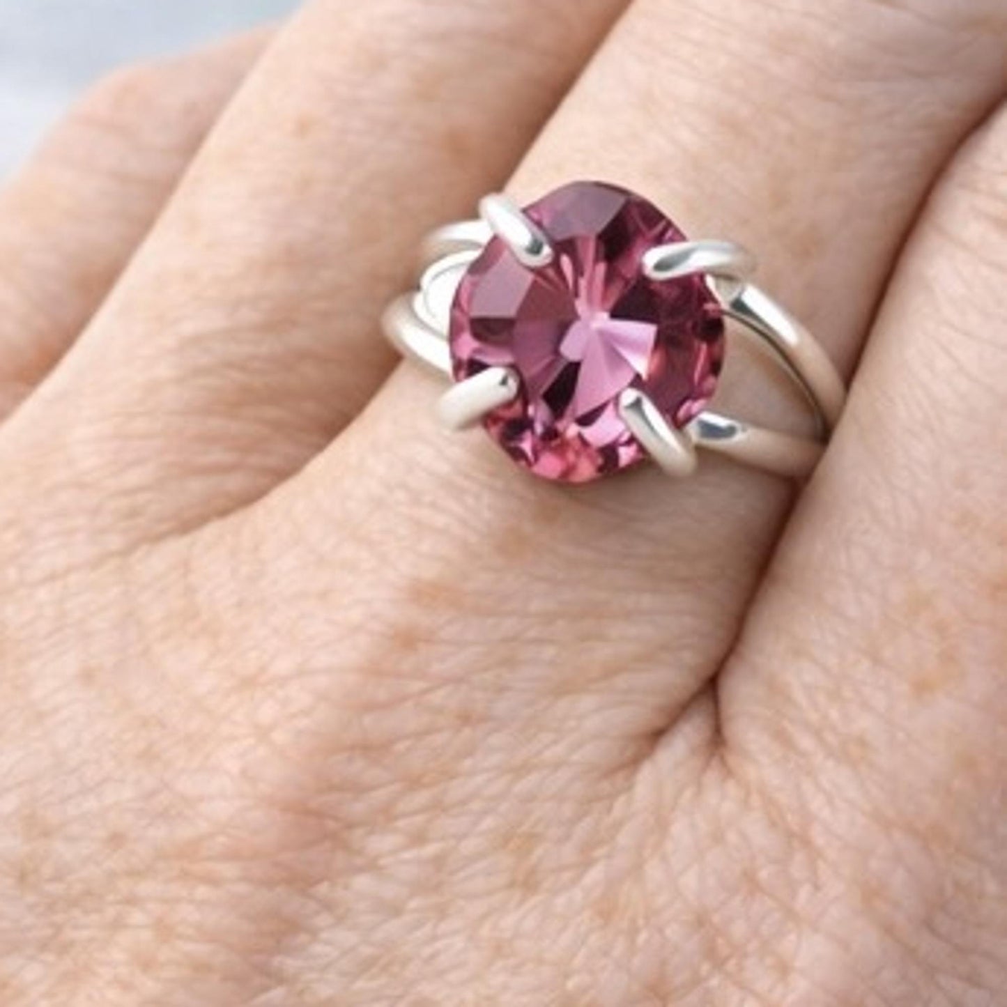 Pink Topaz Ring Size 9 Sterling Silver Handmade Statement Ring Round Gemstone