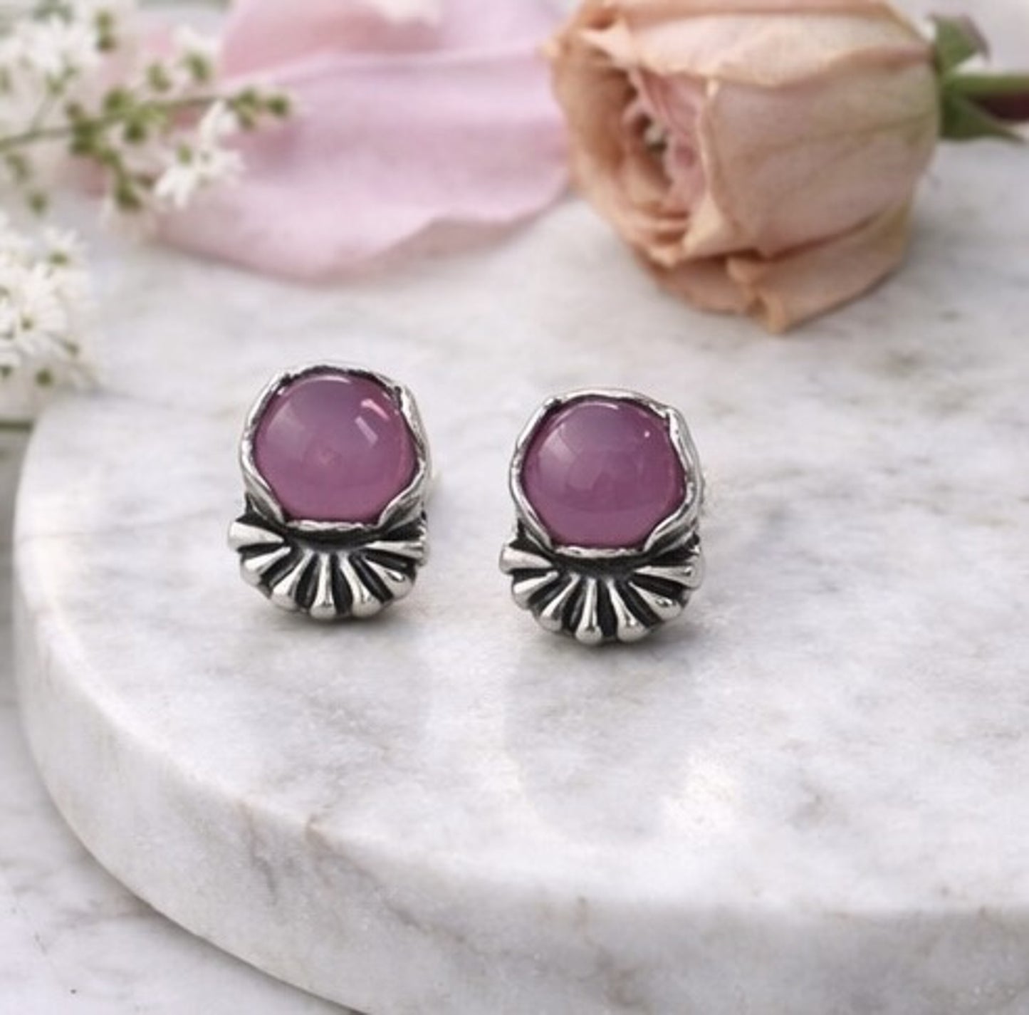 Natural Pink Star Sapphire Earrings Sterling Silver Studs OOAK Handmade Cabochon Star Sapphire Stud Earrings Pink Sapphire Jewelry Gift