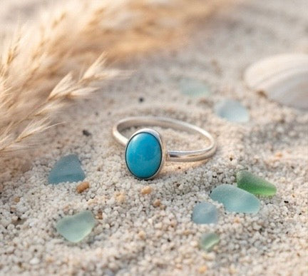 Sleeping Beauty Turquoise Ring Sterling Silver, Stacking Ring Size 8.5, Genuine Oval Turquoise Ring, Minimalist Handmade Ring