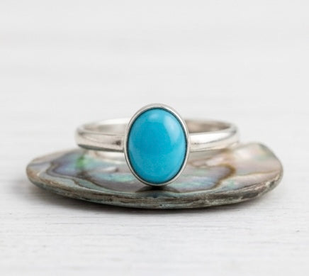 Sleeping Beauty Turquoise Ring Sterling Silver, Stacking Ring Size 8.5, Genuine Oval Turquoise Ring, Minimalist Handmade Ring