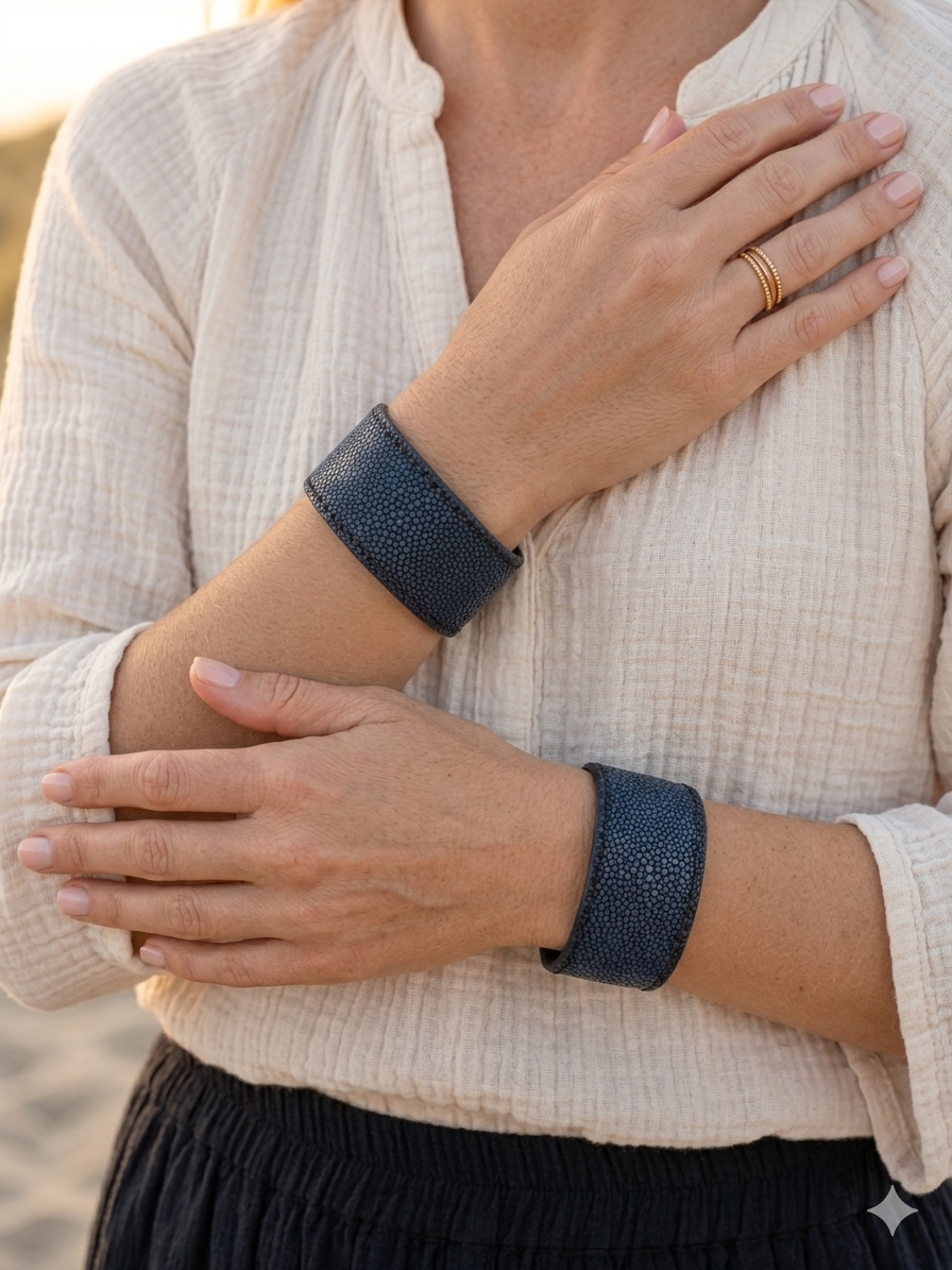 Blue Stingray Leather Cuff Bracelet, 1 Inch Wide Adjustable Exotic Leather Bracelet, Handmade Blue Shagreen Cuff, Black Leather Lined