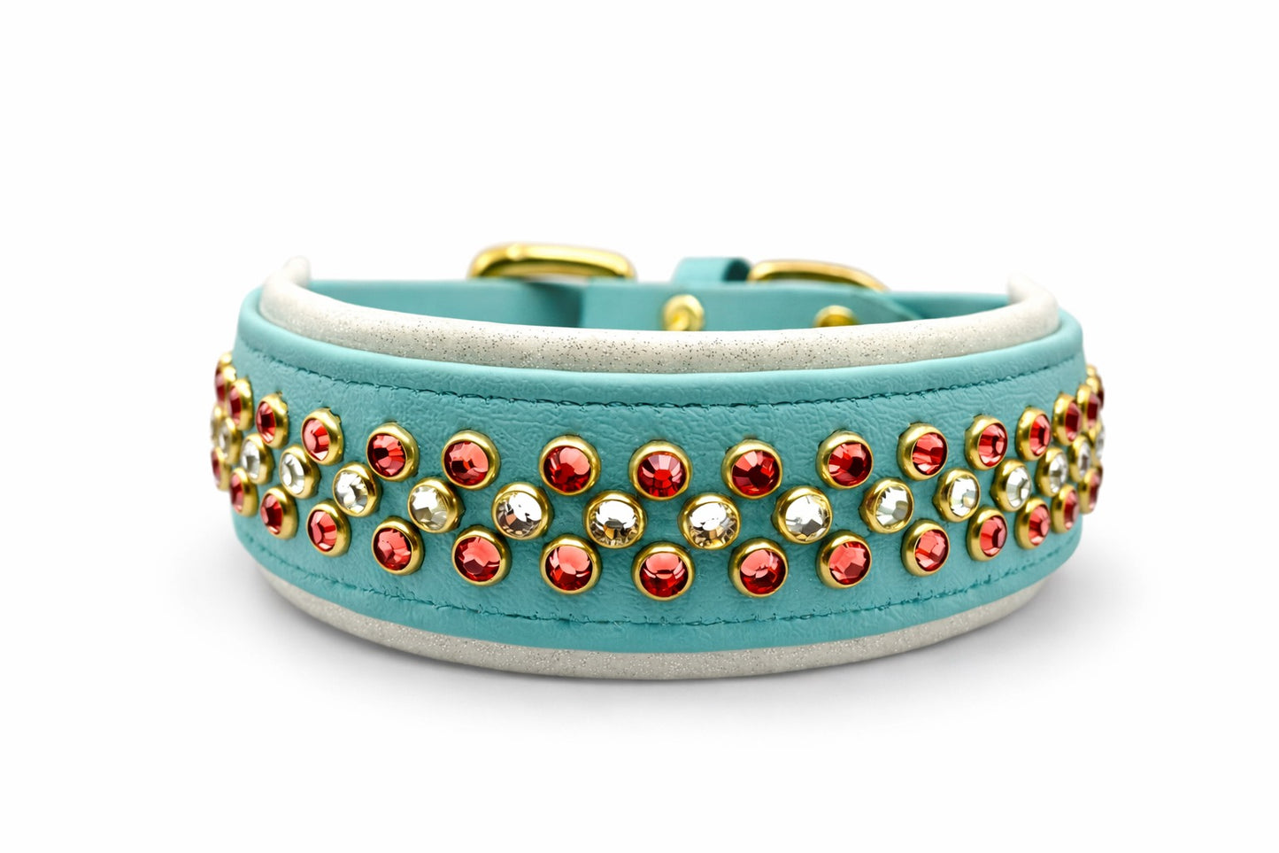 Luxury Dusty Turquoise BioThane Dog Collar | 2” Padded | Padparadscha & Crystal | Solid Brass Hardware | 18–20”