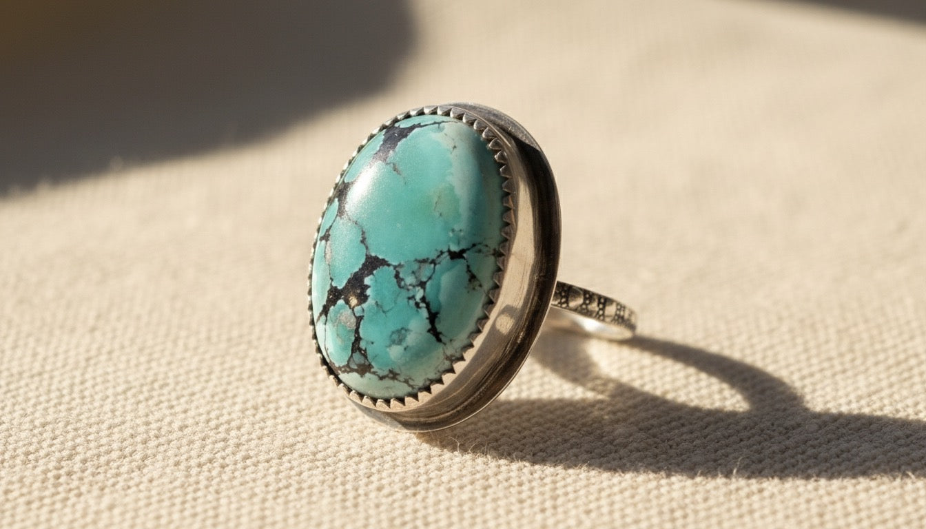 Large Hubei Turquoise Ring Sterling Silver Size 10 Handmade Statement Turquoise Ring Oval Bezel Artisan Gift for Her