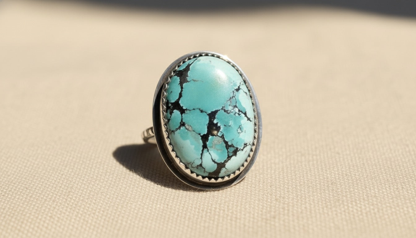 Large Hubei Turquoise Ring Sterling Silver Size 10 Handmade Statement Turquoise Ring Oval Bezel Artisan Gift for Her
