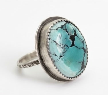 Large Hubei Turquoise Ring Sterling Silver Size 10 Handmade Statement Turquoise Ring Oval Bezel Artisan Gift for Her