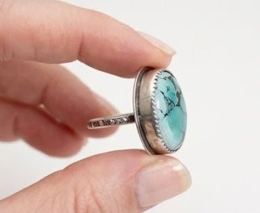 Large Hubei Turquoise Ring Sterling Silver Size 10 Handmade Statement Turquoise Ring Oval Bezel Artisan Gift for Her