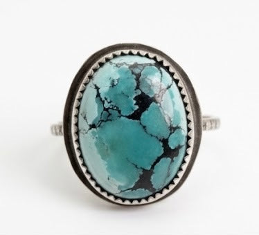 Large Hubei Turquoise Ring Sterling Silver Size 10 Handmade Statement Turquoise Ring Oval Bezel Artisan Gift for Her