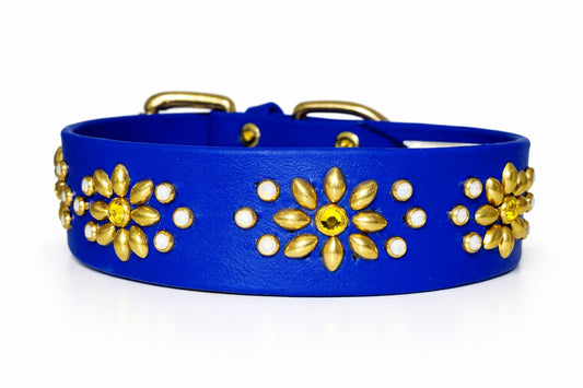Royal Blue Luxury Dog Collar 17.5–19.5” | 1.5” Wide Waterproof Biothane | Solid Brass & Crystal Floral Studded