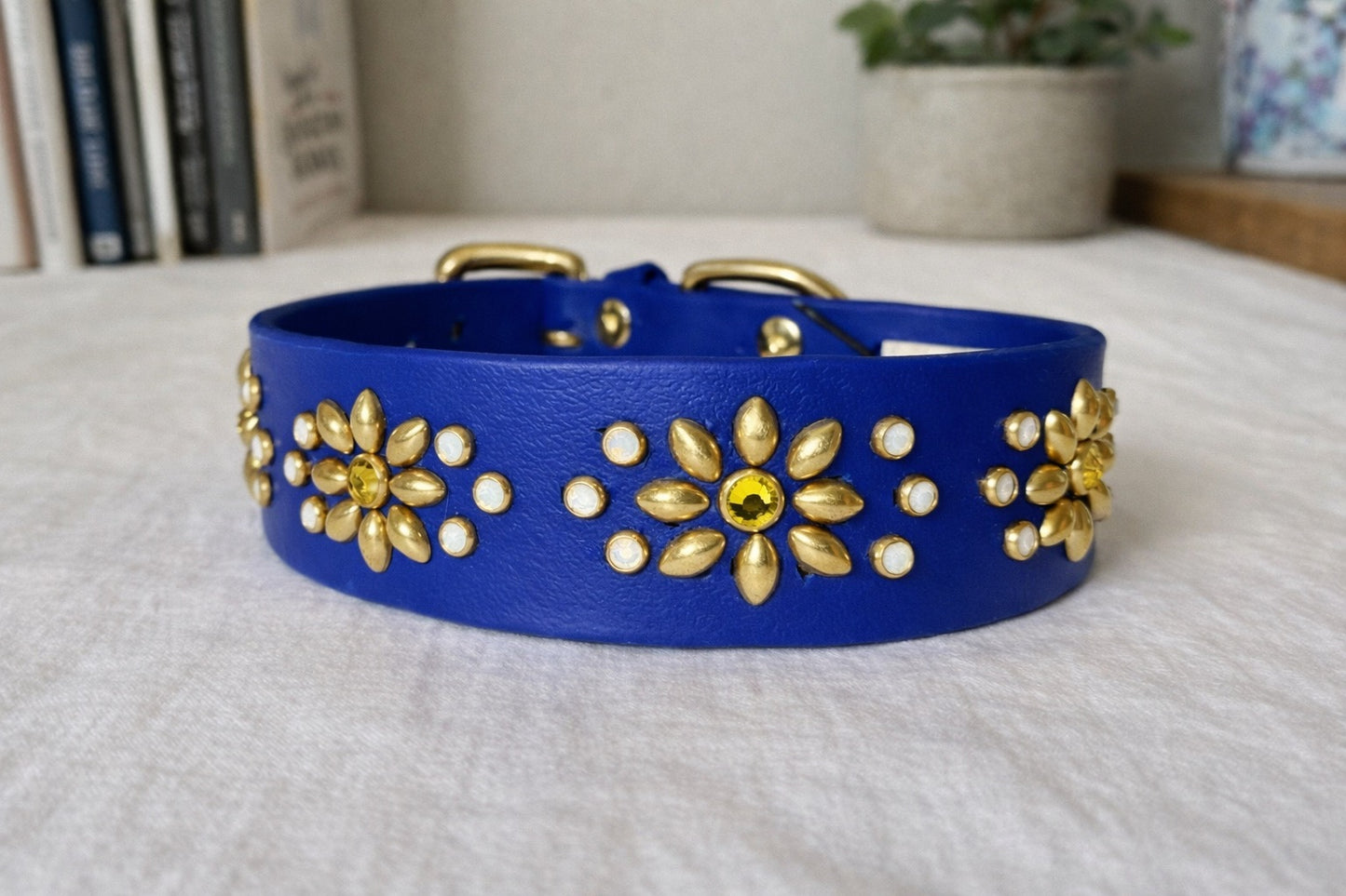 Royal Blue Luxury Dog Collar 17.5–19.5” | 1.5” Wide Waterproof Biothane | Solid Brass & Crystal Floral Studded