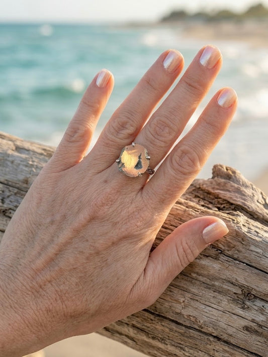 OOAK Aura Angel Quartz Geode Ring Size 8.5 Sterling Silver Druzy Crystal Statement Ring