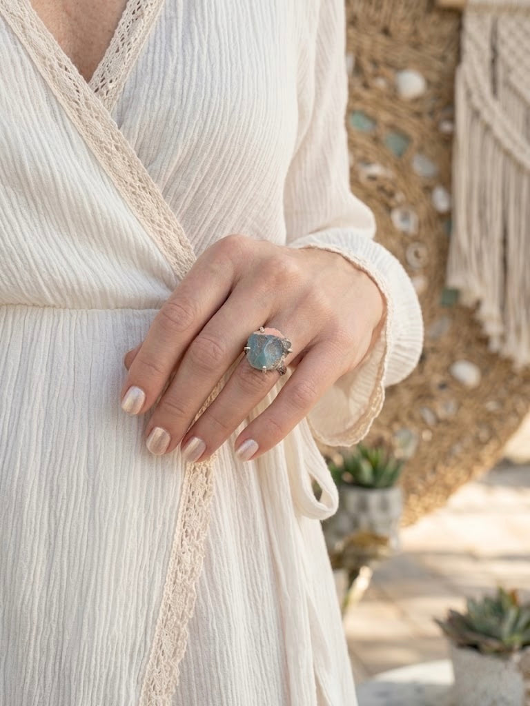OOAK Aura Angel Quartz Geode Ring Size 8.5 Sterling Silver Druzy Crystal Statement Ring