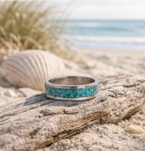 Sleeping Beauty Turquoise Inlay Ring Sterling Silver, Turquoise Band Ring 5mm, Stacking Ring Size 7, Unisex Turquoise Ring