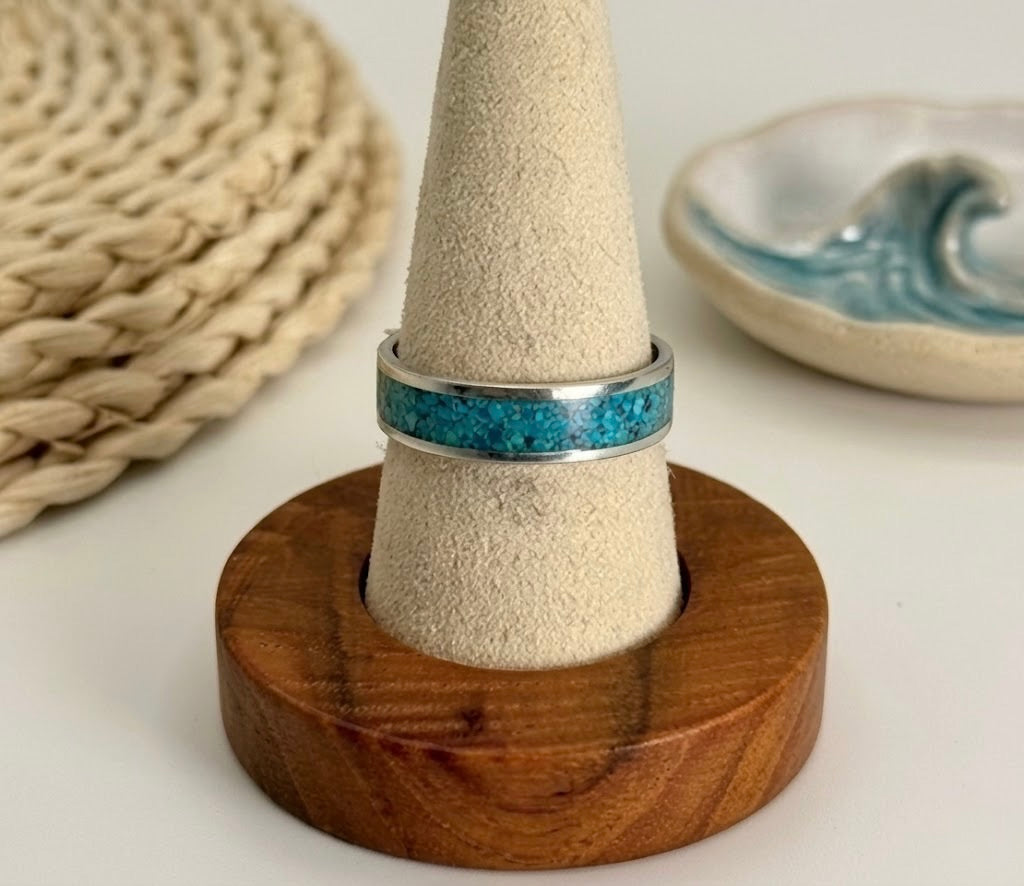 Sleeping Beauty Turquoise Inlay Ring Sterling Silver, Turquoise Band Ring 5mm, Stacking Ring Size 7, Unisex Turquoise Ring