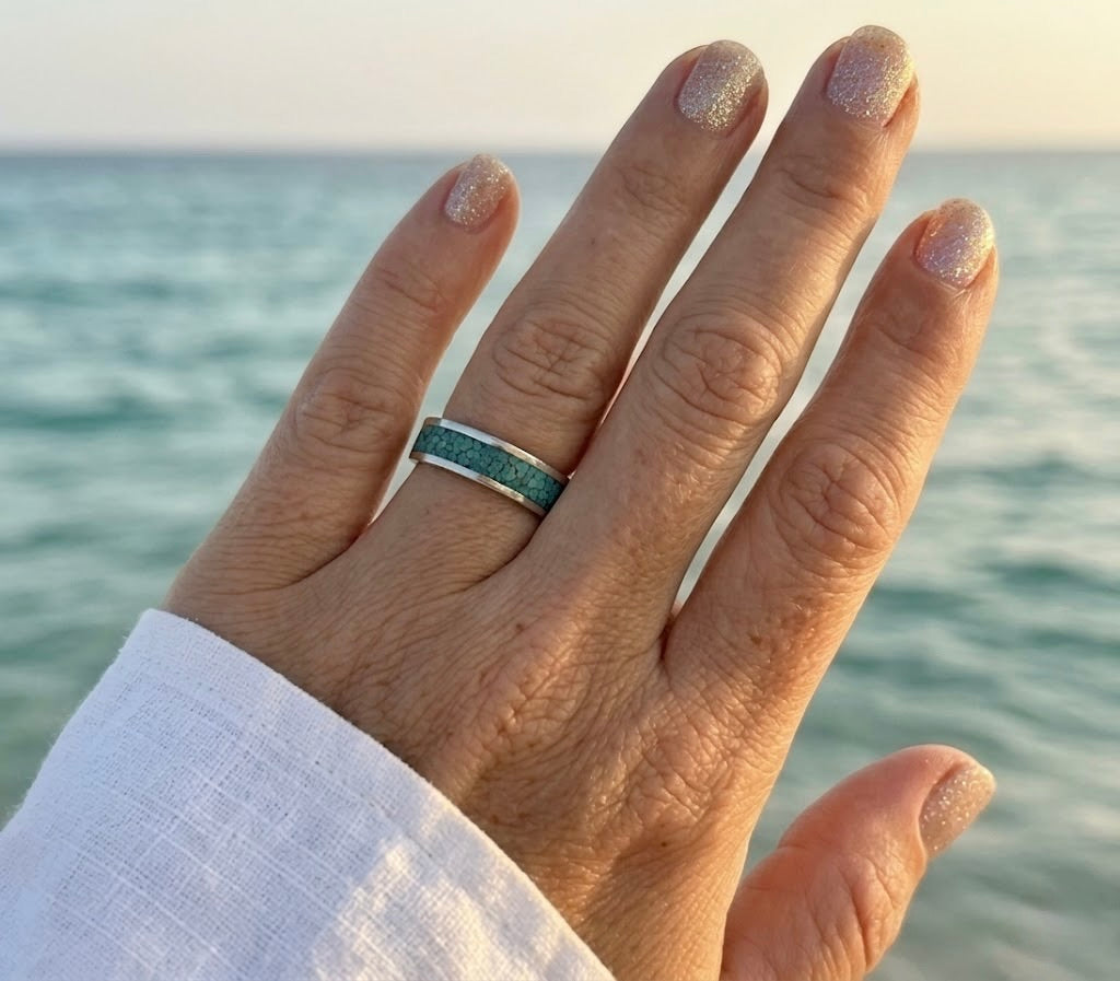 Sleeping Beauty Turquoise Inlay Ring Sterling Silver, Turquoise Band Ring 5mm, Stacking Ring Size 7, Unisex Turquoise Ring