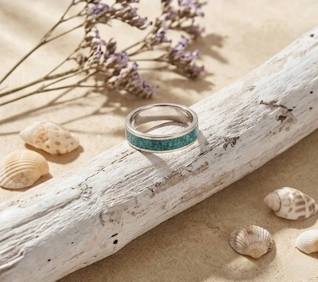 Sleeping Beauty Turquoise Inlay Ring Sterling Silver, Turquoise Band Ring 5mm, Stacking Ring Size 7, Unisex Turquoise Ring