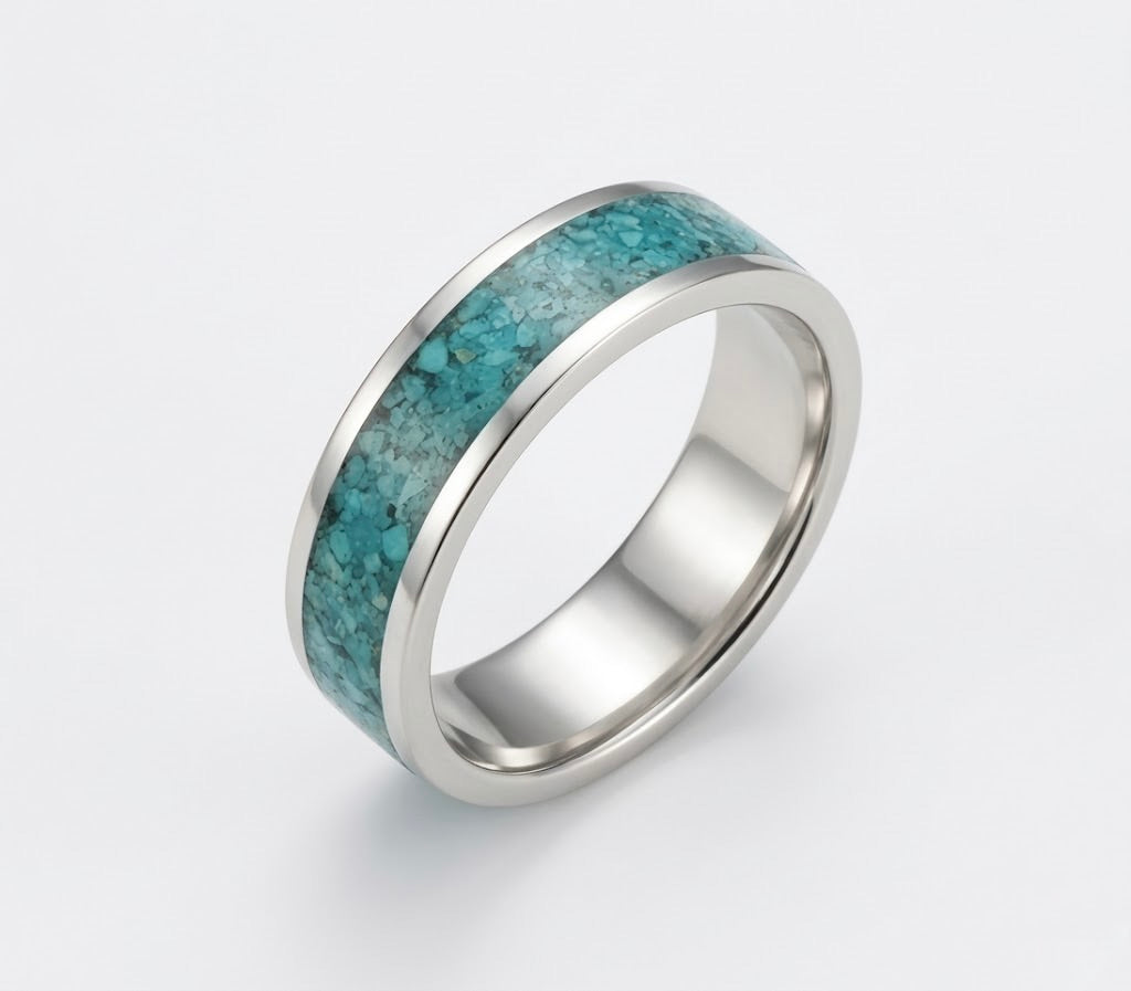 Sleeping Beauty Turquoise Inlay Ring Sterling Silver, Turquoise Band Ring 5mm, Stacking Ring Size 7, Unisex Turquoise Ring
