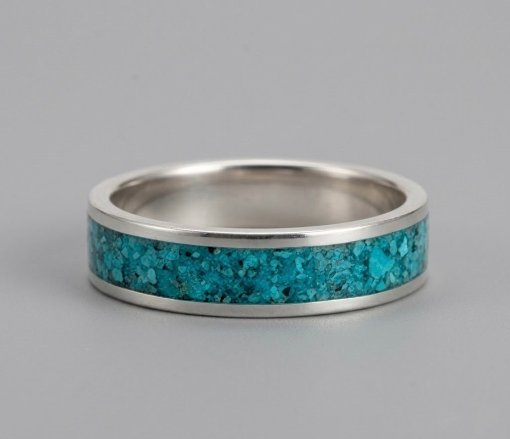 Sleeping Beauty Turquoise Inlay Ring Sterling Silver, Turquoise Band Ring 5mm, Stacking Ring Size 7, Unisex Turquoise Ring