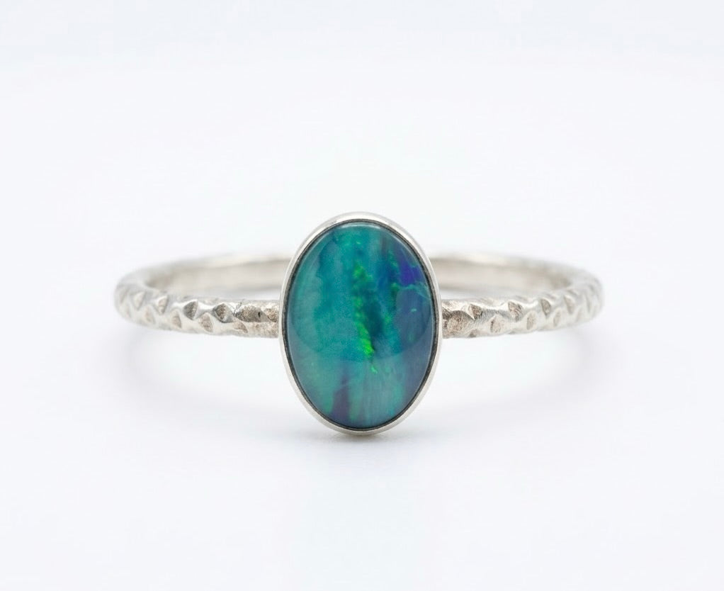 Australian Opal Doublet Ring Sterling Silver, Dainty Opal Stacking Ring, Diamond Cut Band Ring, Size 7.5, Blue Green Opal Ring