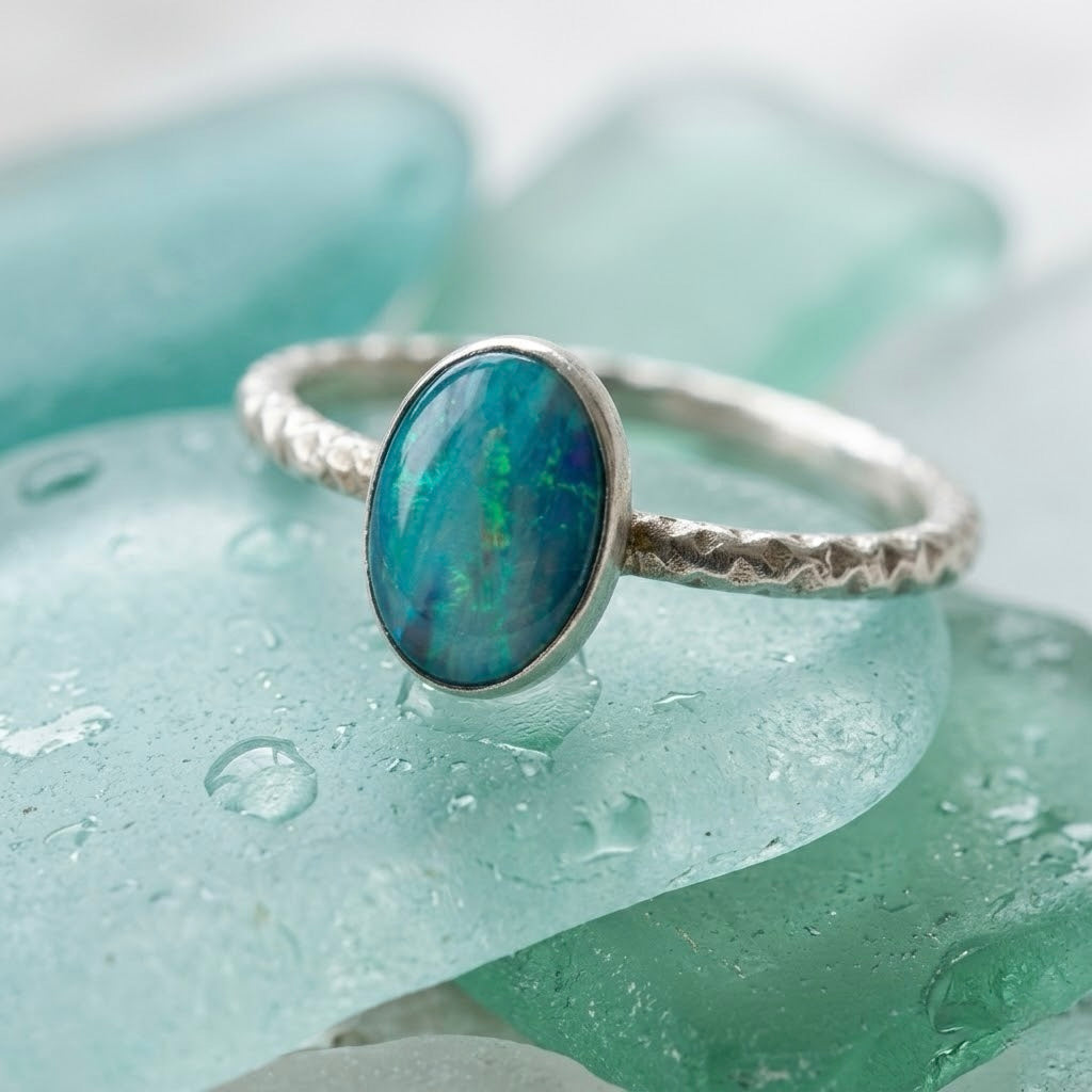 Australian Opal Doublet Ring Sterling Silver, Dainty Opal Stacking Ring, Diamond Cut Band Ring, Size 7.5, Blue Green Opal Ring
