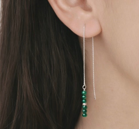 Faceted Jade Threader Earrings in Sterling Silver – 2mm Genuine Natural Green Jade Dangle, Minimalist Handmade Fine Jewelry