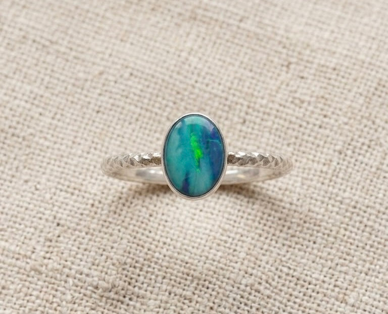 Australian Opal Doublet Ring Sterling Silver, Dainty Opal Stacking Ring, Diamond Cut Band Ring, Size 7.5, Blue Green Opal Ring