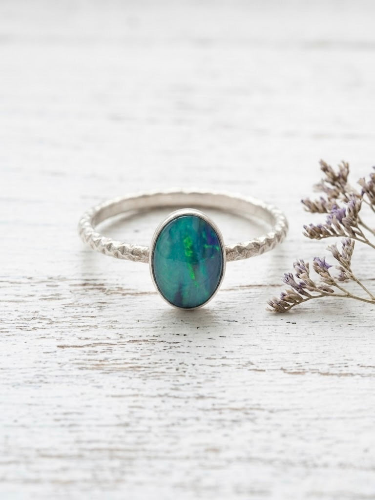 Australian Opal Doublet Ring Sterling Silver, Dainty Opal Stacking Ring, Diamond Cut Band Ring, Size 7.5, Blue Green Opal Ring