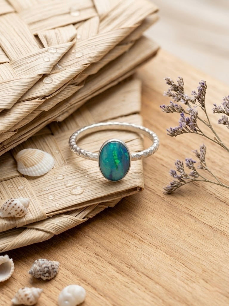 Australian Opal Doublet Ring Sterling Silver, Dainty Opal Stacking Ring, Diamond Cut Band Ring, Size 7.5, Blue Green Opal Ring