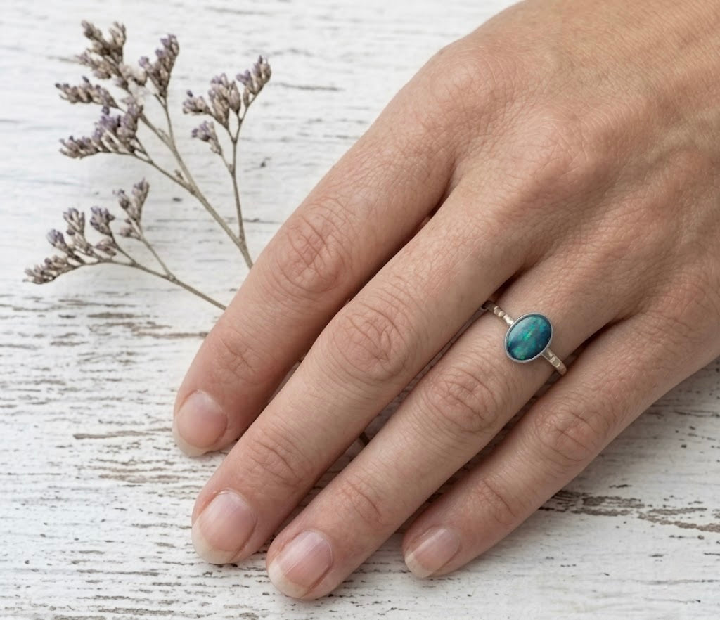 Australian Opal Doublet Ring Sterling Silver, Dainty Opal Stacking Ring, Diamond Cut Band Ring, Size 7.5, Blue Green Opal Ring