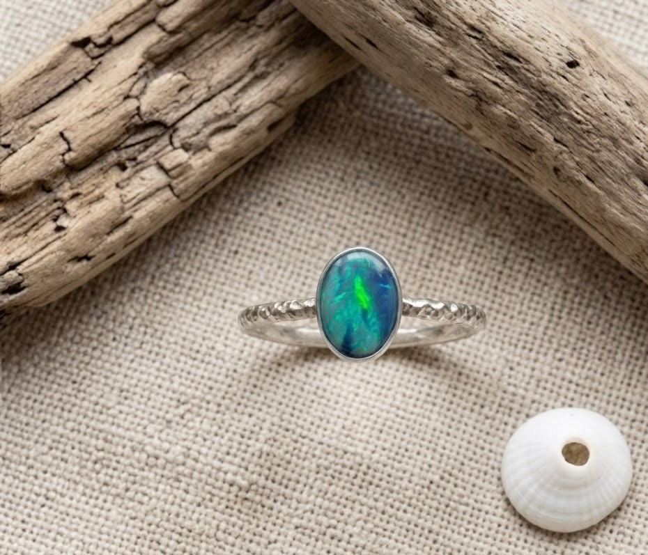 Australian Opal Doublet Ring Sterling Silver, Dainty Opal Stacking Ring, Diamond Cut Band Ring, Size 7.5, Blue Green Opal Ring