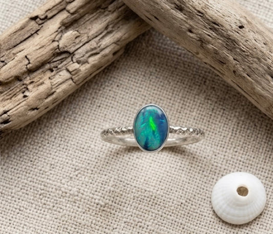 Australian Opal Doublet Ring Sterling Silver, Dainty Opal Stacking Ring, Diamond Cut Band Ring, Size 7.5, Blue Green Opal Ring