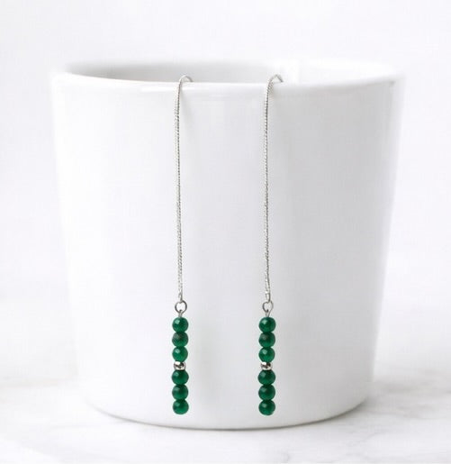 Faceted Jade Threader Earrings in Sterling Silver – 2mm Genuine Natural Green Jade Dangle, Minimalist Handmade Fine Jewelry