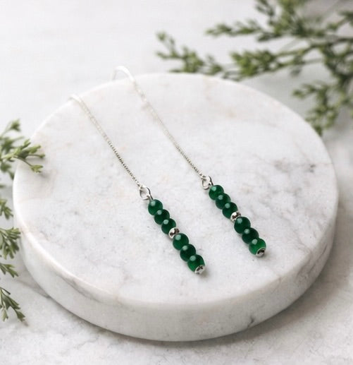 Faceted Jade Threader Earrings in Sterling Silver – 2mm Genuine Natural Green Jade Dangle, Minimalist Handmade Fine Jewelry