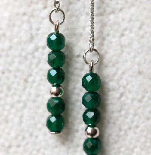 Faceted Jade Threader Earrings in Sterling Silver – 2mm Genuine Natural Green Jade Dangle, Minimalist Handmade Fine Jewelry