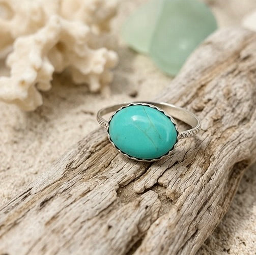 14x10mm Genuine Blue Turquoise Ring in Textured Silver, Size 6.75 - Boho Coastal Statement Ring