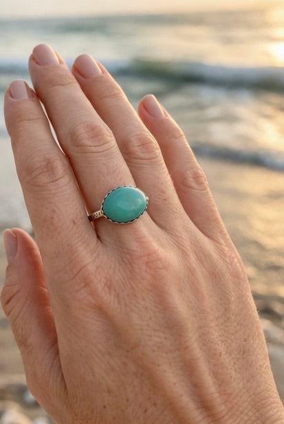 14x10mm Genuine Blue Turquoise Ring in Textured Silver, Size 6.75 - Boho Coastal Statement Ring