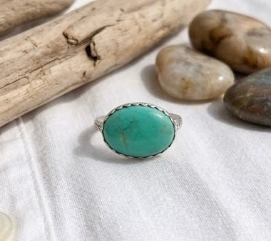 14x10mm Genuine Blue Turquoise Ring in Textured Silver, Size 6.75 - Boho Coastal Statement Ring
