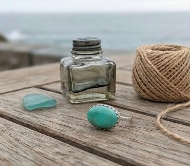 14x10mm Genuine Blue Turquoise Ring in Textured Silver, Size 6.75 - Boho Coastal Statement Ring