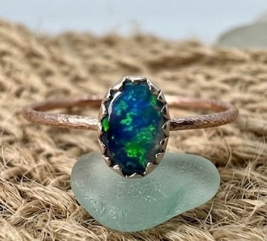 Australian Opal Doublet Ring Size 8, Dainty Opal Stacking Ring, Sterling Silver & 14k Rose Gold Filled Band, Handmade Minimalist Ring