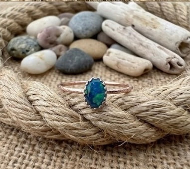 Australian Opal Doublet Ring Size 8, Dainty Opal Stacking Ring, Sterling Silver & 14k Rose Gold Filled Band, Handmade Minimalist Ring