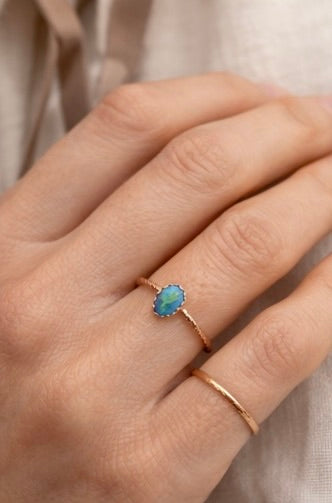 Australian Opal Doublet Ring Size 8, Dainty Opal Stacking Ring, Sterling Silver & 14k Rose Gold Filled Band, Handmade Minimalist Ring