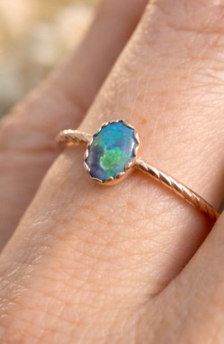 Australian Opal Doublet Ring Size 8, Dainty Opal Stacking Ring, Sterling Silver & 14k Rose Gold Filled Band, Handmade Minimalist Ring