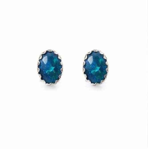 Australian Boulder Opal Doublet Stud Earrings 6x4mm Oval – Sterling Silver Serrated Bezel, Natural Opal Studs