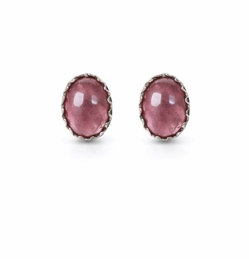 Natural Pink Tourmaline Stud Earrings 6x4mm Oval – Sterling Silver Serrated Bezel, Handmade Gemstone Studs