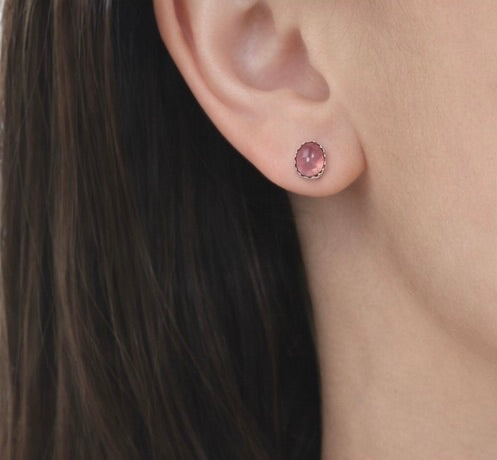 Natural Pink Tourmaline Stud Earrings 6x4mm Oval – Sterling Silver Serrated Bezel, Handmade Gemstone Studs