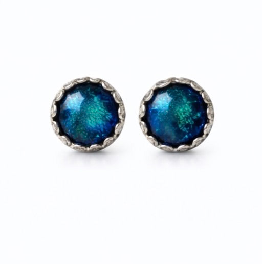 Dichroic Glass Stud Earrings 11mm Round – Sterling Silver Scalloped Bezel, Black Blue Teal Iridescent Statement Studs