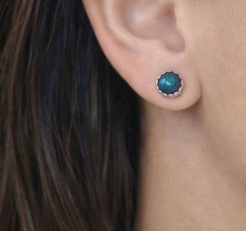 Dichroic Glass Stud Earrings 11mm Round – Sterling Silver Scalloped Bezel, Black Blue Teal Iridescent Statement Studs
