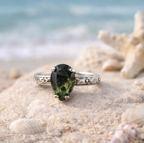 OOAK Moldavite Ring Size 4 Sterling Silver Faceted Pear 9x7mm Green Moldavite Statement Ring Floral Engraved Band