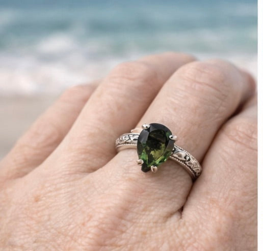 OOAK Moldavite Ring Size 4 Sterling Silver Faceted Pear 9x7mm Green Moldavite Statement Ring Floral Engraved Band